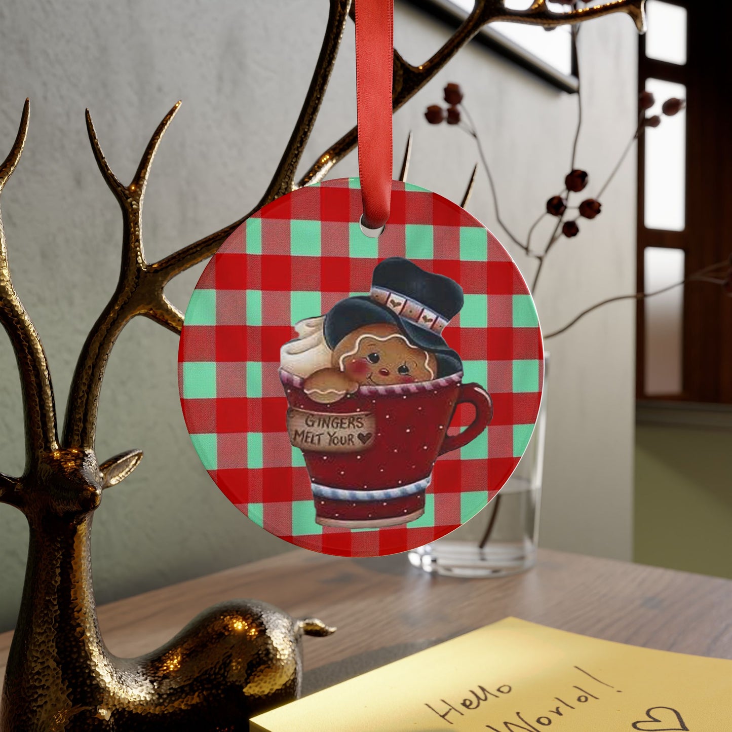 Christmas Acrylic Ornament - Gingerbread Homey Feel with Gingham Background