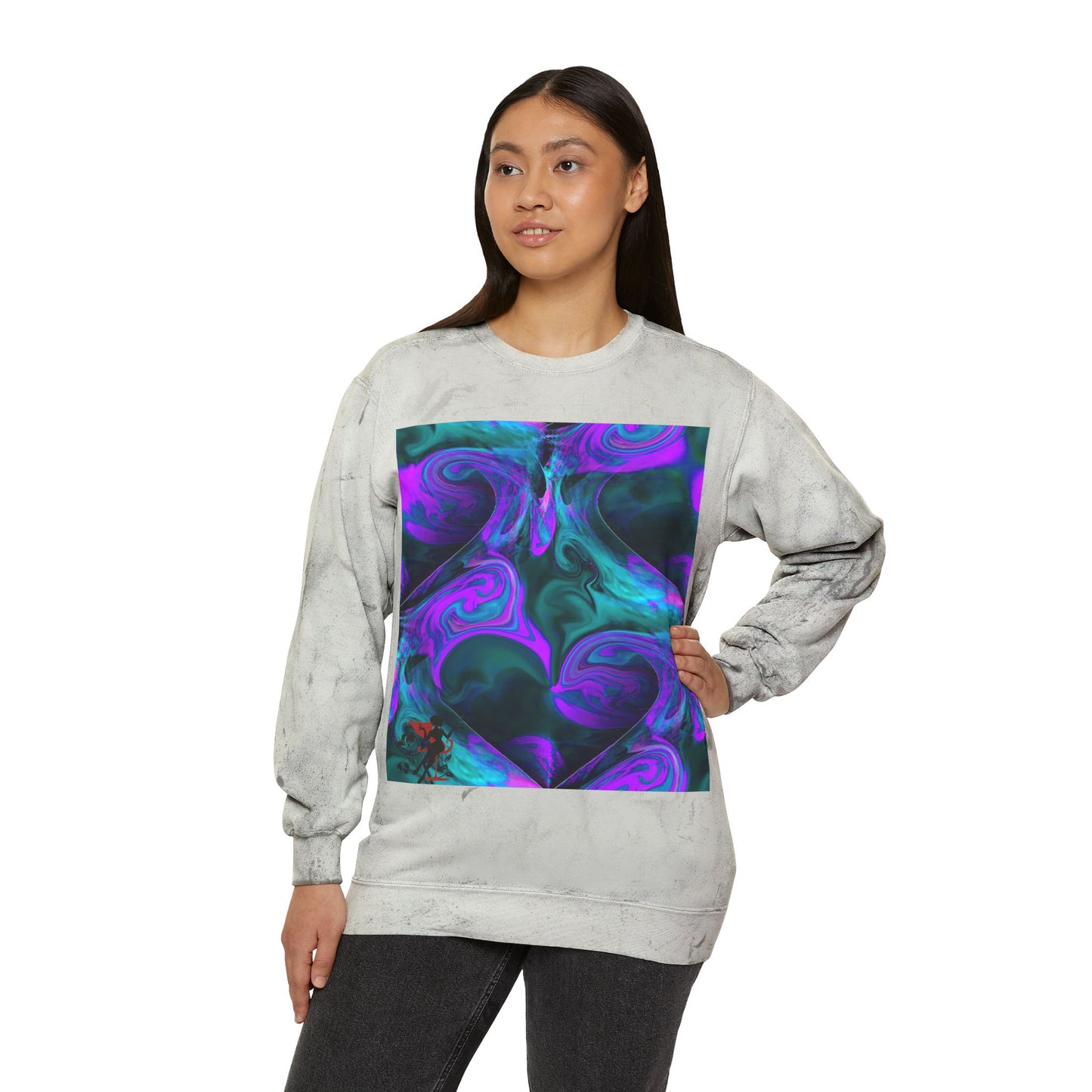 Unisex Color Blast Crewneck Sweatshirt with Abstract Purple Swirls