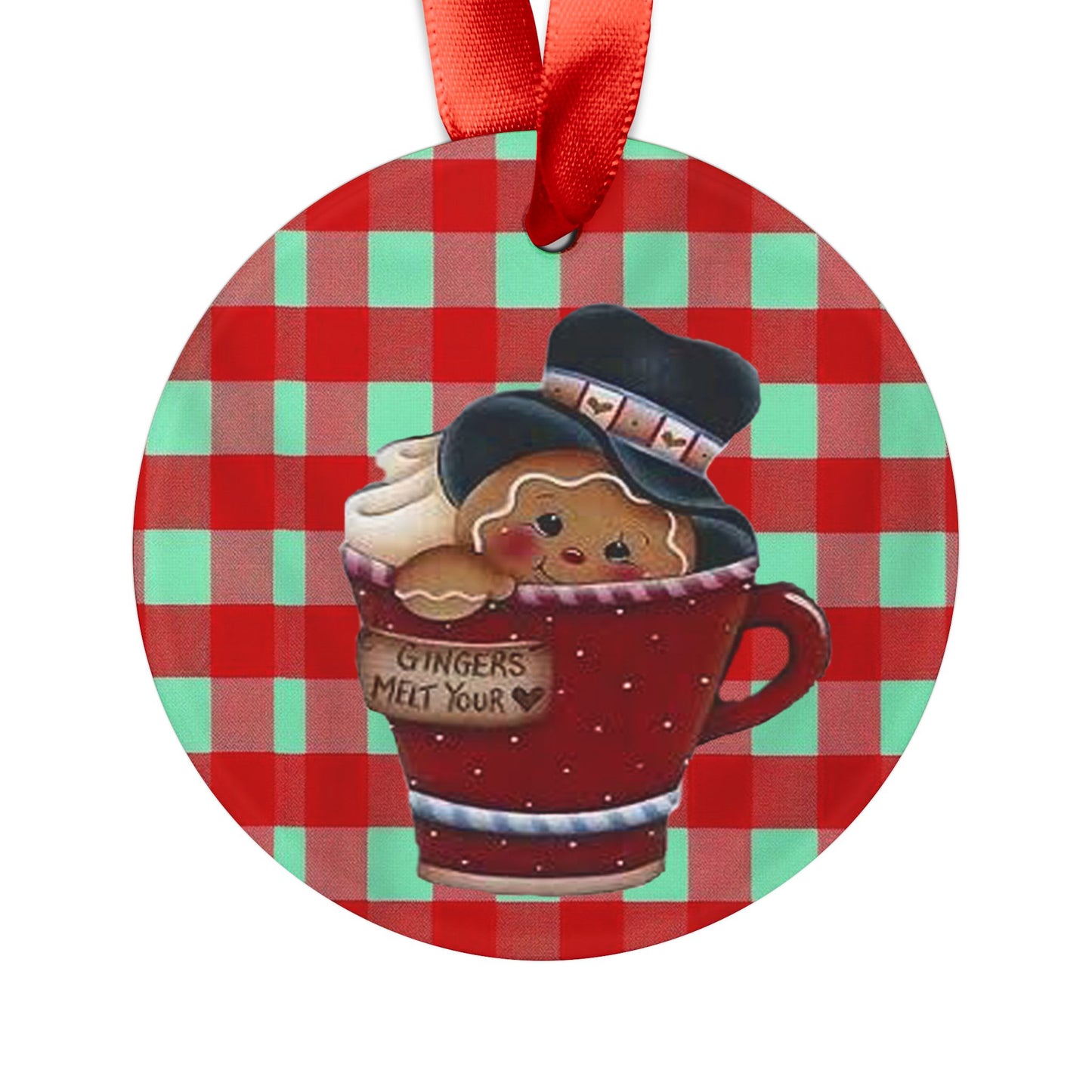 Christmas Acrylic Ornament - Gingerbread Homey Feel with Gingham Background