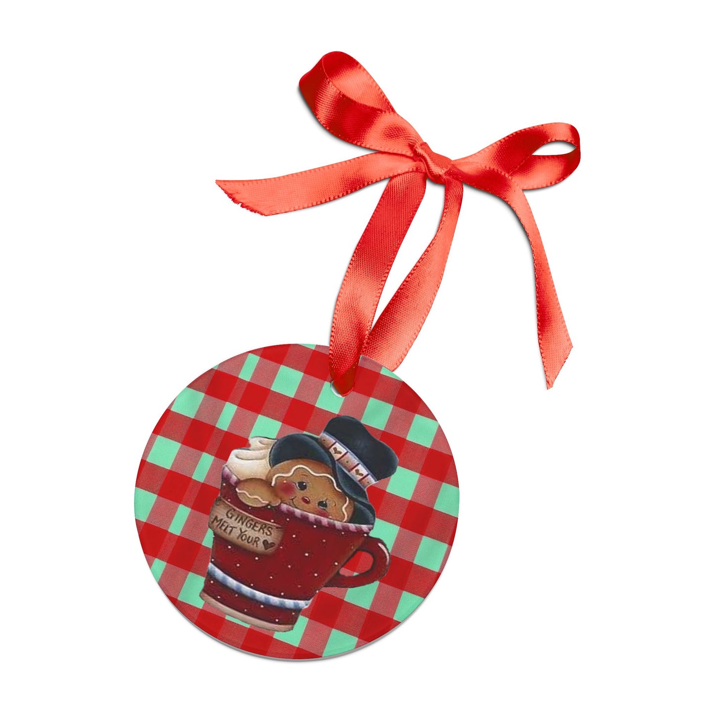 Christmas Acrylic Ornament - Gingerbread Homey Feel with Gingham Background