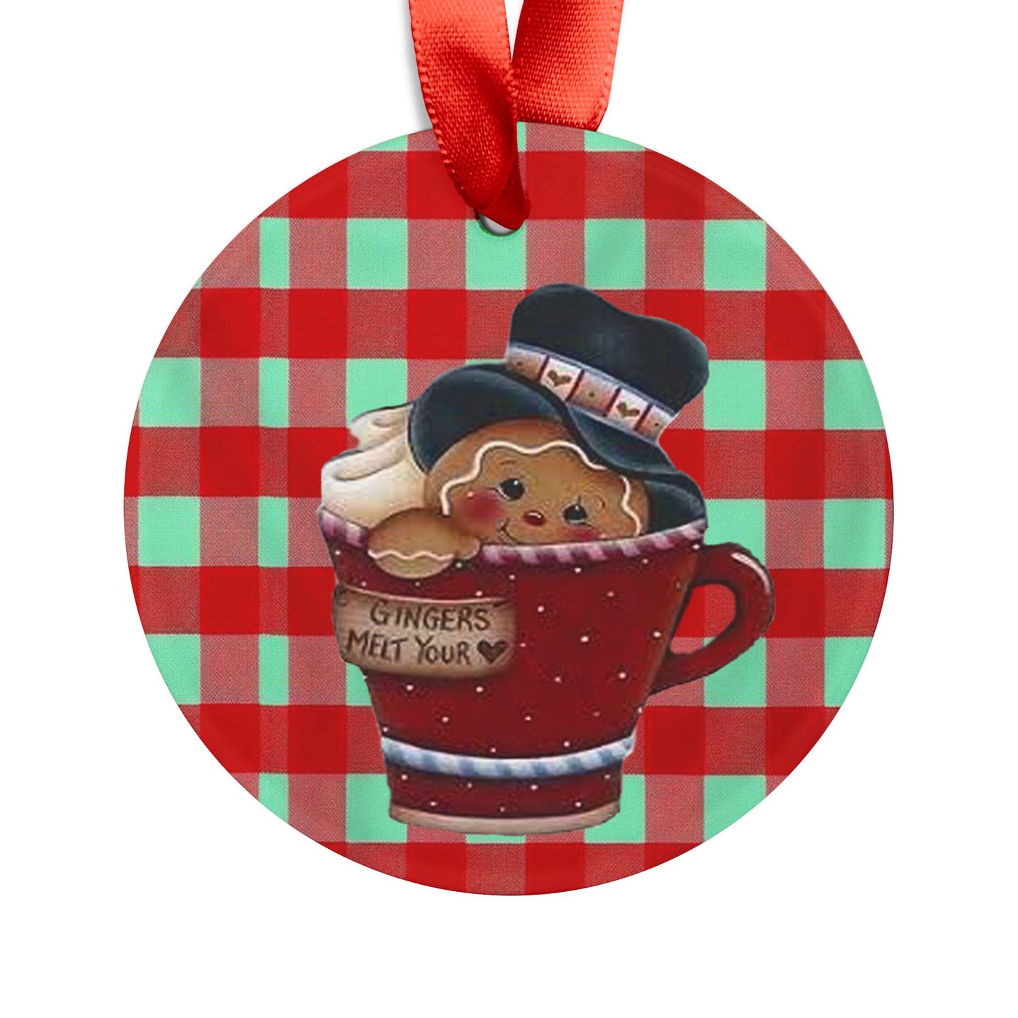 Christmas Acrylic Ornament - Gingerbread Homey Feel with Gingham Background