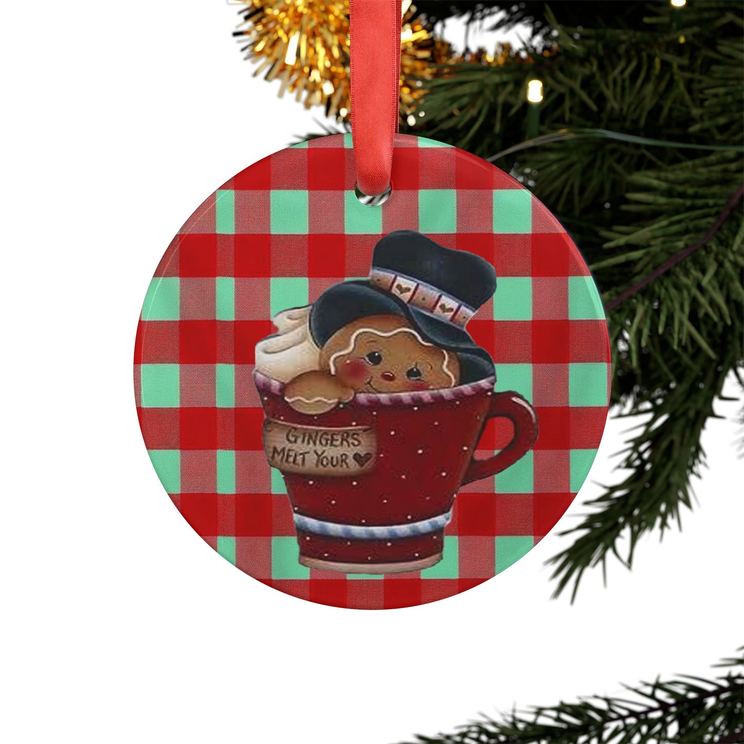 Christmas Acrylic Ornament - Gingerbread Homey Feel with Gingham Background